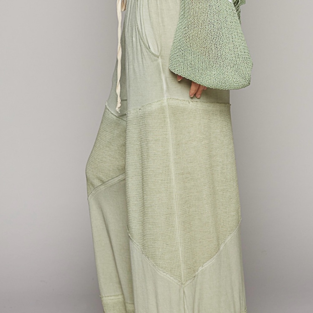 Contrast Ribber Elastic Waist Casual knit Culotte Sage green pants - Picture 2 of 4